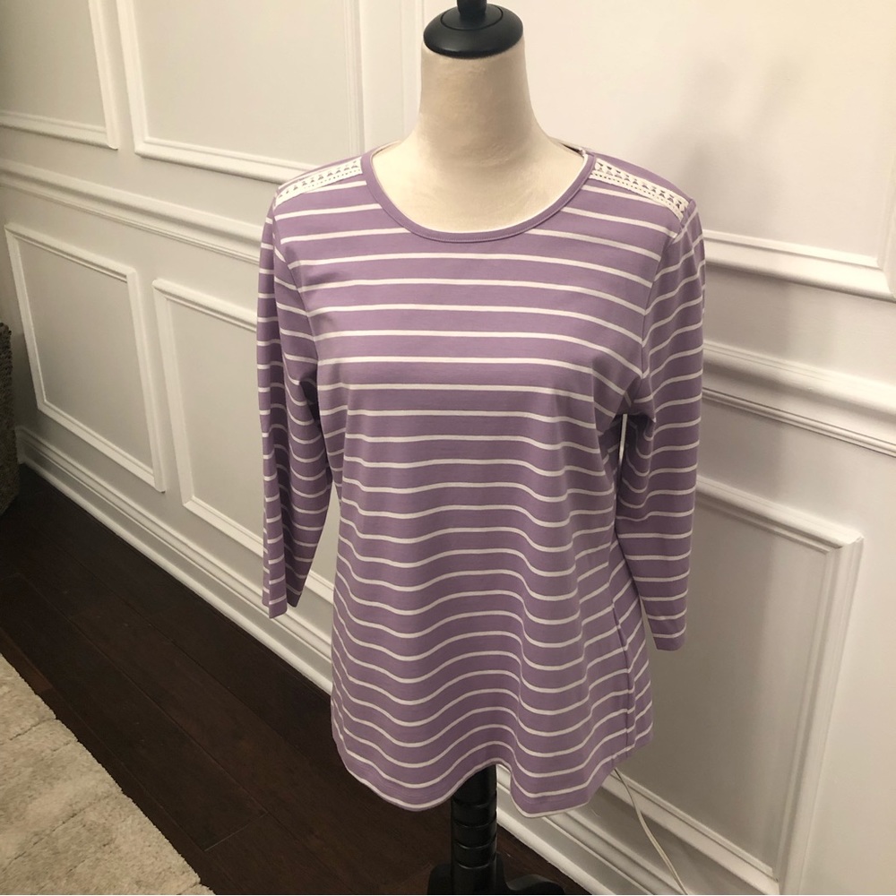 Denim & Co. Lavender Striped Top W/ Lace Accents 3/4 Length Sleeves Medi…